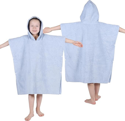 Superior Kids Cotton Terry Poncho, Soft, Absorbent Bath Towel with Hood, Bathroom Accessories, Long, Plush Bathrobes for Bath, Shower, Spa, Resort, Beach, Pool, Boy, Girl, Small/Medium Size, Blue