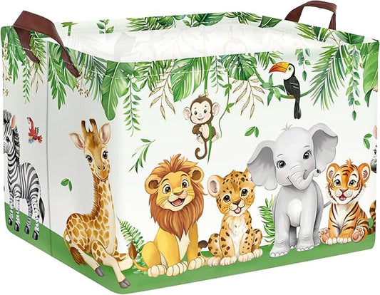 Clastyle Safari Animal Laundry Basket Leaf Kids Clothes Book Storage Basket Gift Toy Box for Bedroom Decor,Elephant Lion Giraffe,40x30x30 cm
