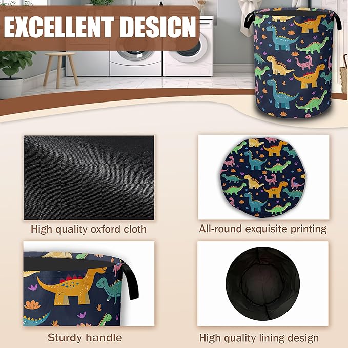 Dinosaurs Laundry Baskets,Colorful Dinosaurs Laundry Hamper,Storage Basket with Handles for Bathroom Bedroom College Dormitory Living Room Nursery Organizer 16"x20.8"