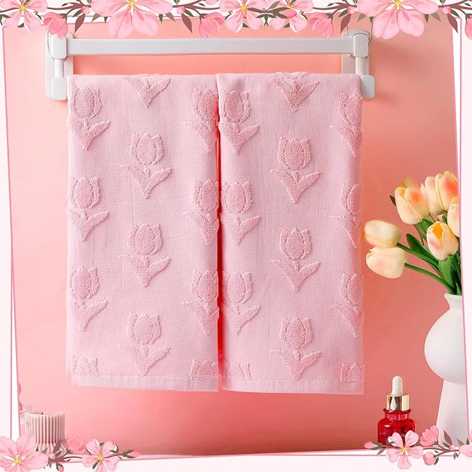 2 Pcs Tulip Hand Towels for Bathroom Pink Tulip 100% Cotton Jacquard Weave Bath Towel Set Soft Absorbent Kitchen Towels for Bathroom Kitchen Summer Theme Gifts 13.8 x 29.5