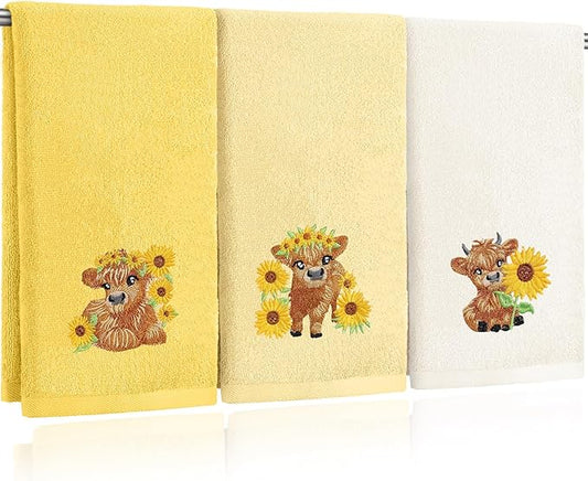 3 Pcs Sunflower Highland Cow Hand Towels Embroidered Highland Cow Farmhouse Yellow Decorative Bathroom Towels for Bathroom Kitchen Decor, 100% Cotton, 13.3 x 29.5''
