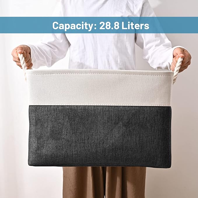 HOdo Home 3PCS Fabric Storage Bin with Drawstring Closure and 2 Bold Handles, Collapsible Large Canvas Storage Baskets for Organizing Shelf Nursery Home (White and Black, 15.8L×11.8W×9.5H)