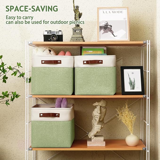 4-Pack Foldable Fabric Storage Cubes 11x11 Inch, Sturdy Cube Organizer Bins with Leather Handles, Storage Baskets for Closet Shelves and Home Organization(White/Green)