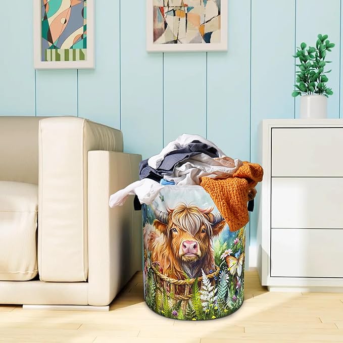 Highland Cow Laundry Basket Longhorn Cattle Oxford Cloth Laundry Hamper With Handle Foldable Portable Clothes Storage Basket 18.9 X 16.5 Inch Storage Bag For Laundry Room/Bathroom/Bedroom