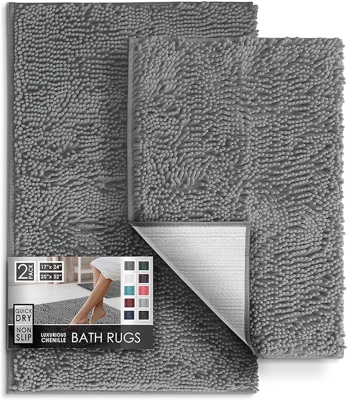 Hearth & Harbor Bathroom Rugs, Chenille Bath Mat - Machine Washable Bath Mats for Bathroom Non-Slip Backing Rubber, Quick Dry Bathroom Mat, 17 x 24 + 20 x 32 - Frost Grey