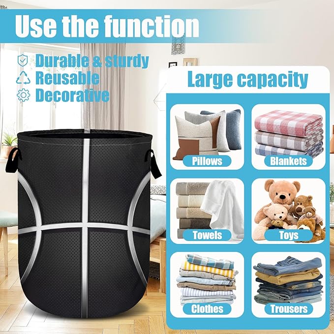 Cool Basketball Laundry Basket, Sport Ball Laundry Hamper Collapsible Oxford Cloth with Handle Clothes Toy Storage Bin for Bathroom Laundry Room Bedroom 15.7 X 20 Inch