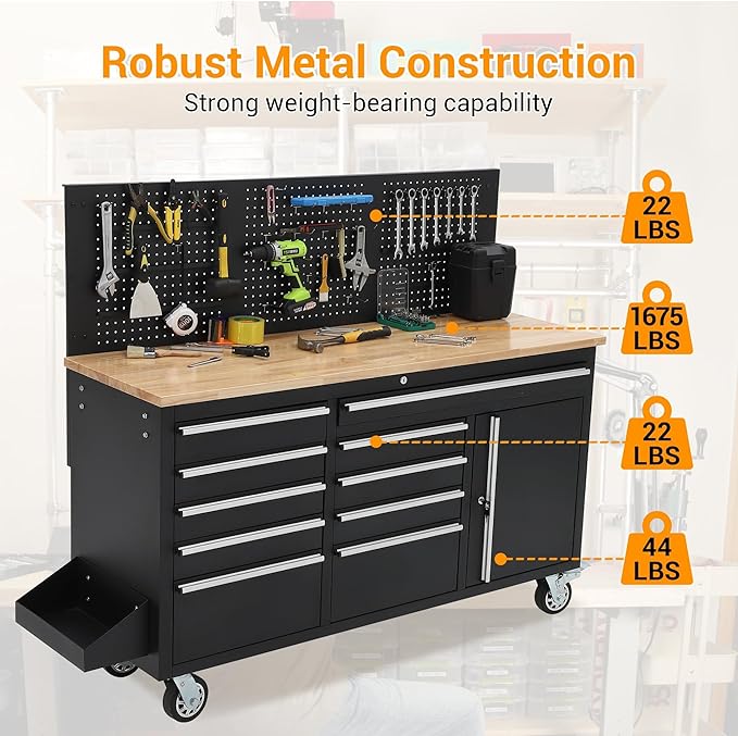 61" Rolling Tool Chest with 10 Drawers, Workbench Cabinet with Power Strip, Solid Rubber Wood Top, 1675 LBS Load, Mobile Heavy Duty Garage Storage, Locking Wheels