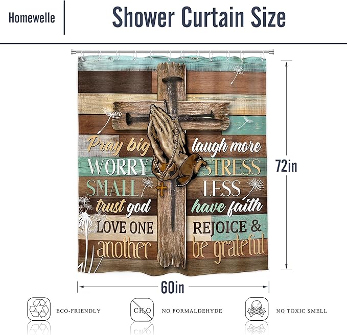 Homewelle Farmhouse Bible Verse Shower Curtain Christian Retro Rustic Wooden Prayer Scripture Inspirational Quotes 60Wx72H Inch Wood Cross Dandelion Flower Waterproof Polyester Fabric Bathroom Bathtub