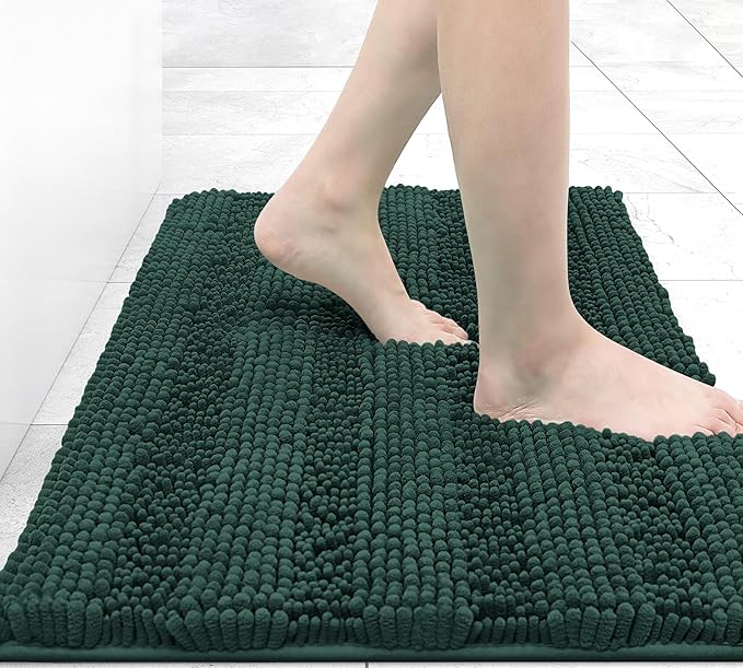 Grandaily Chenille Striped Bathroom Rugs 30x20, Extra Thick and Absorbent Bath Mats, Non-Slip Soft Plush Shaggy Shower Carpet, Machine Wash Dry, Bath Rug for Bathroom, (Medium, Blackish Green)