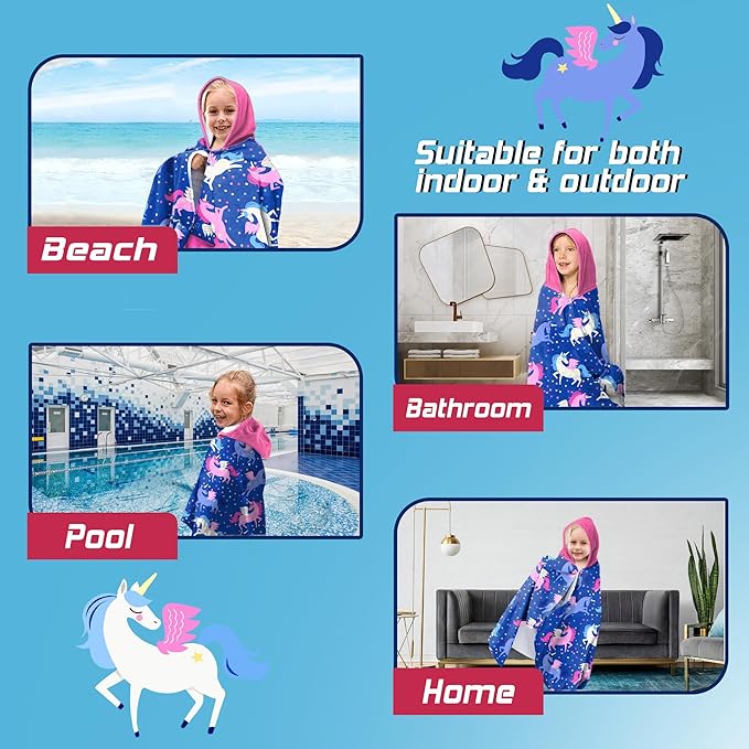 Hooded Towels for Kids -Toddler Beach Towel- Super Absorbent & Quick Dry 100% Cotton 30x50 Inch - to Kid Ages 3-10-Pink Unicorn Pattern Design