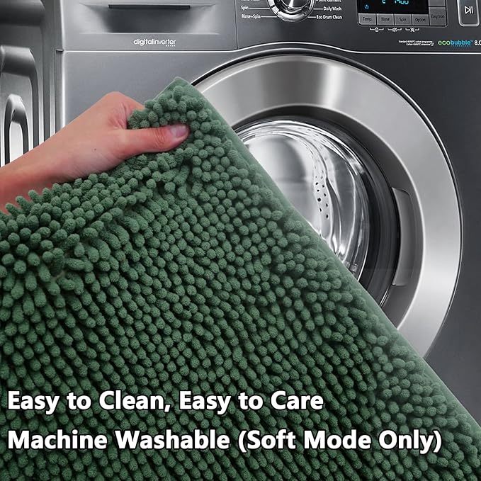 Green Bathroom Rug Chenille 3-Piece Extra Soft and Absorbent Shag Bath Mat Set, Machine Wash Bathroom Rug Set, Strong PVC Non-Slip Underside, Plush Carpet Bath Mat (Dark Green)