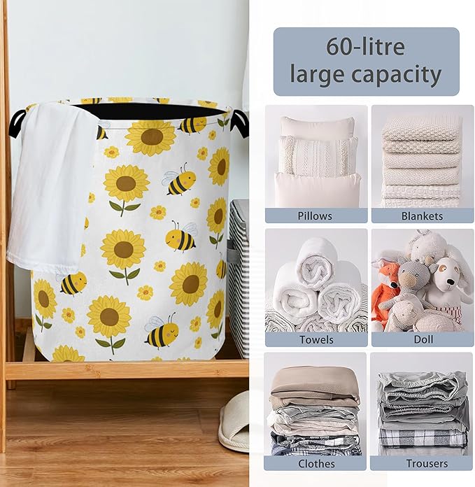 Cute Bee Laundry Basket,SunFlower Foldable with Handles Tote Bag Oxford Cloth for Bathroom Bedroom Dirty Clothes Storage Bucket 16" x 20.8"