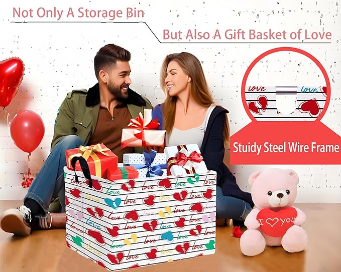 Large Valentine's Day Basket Heart Shaped Storage Bin for Gifts Collapsible Organizer Room Decor (Black Cross Bar Love)