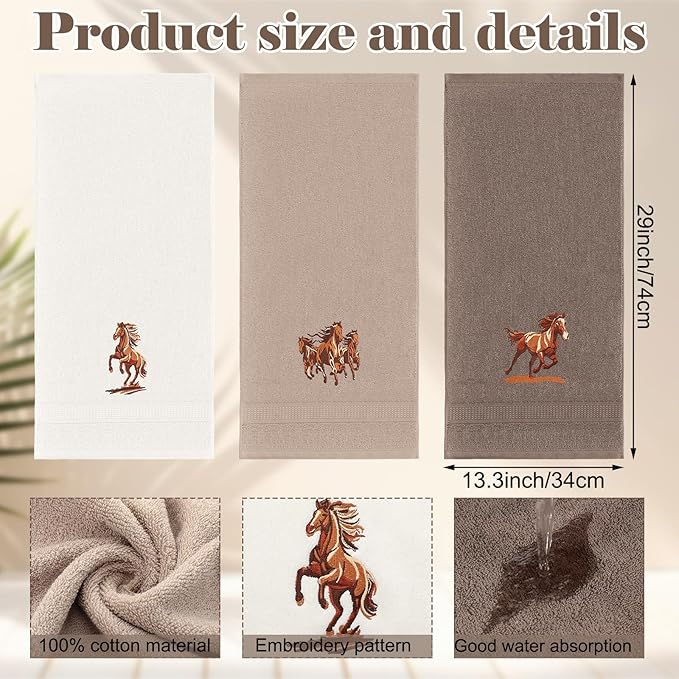 3 Pcs Western Horse Hand Towels Set for Bathroom 100% Cotton Embroidered Decorative Equestrian Horse Themed Gifts Farmhouse Towels for Bathroom Kitchen Decor 13. 3 x 29. 5''
