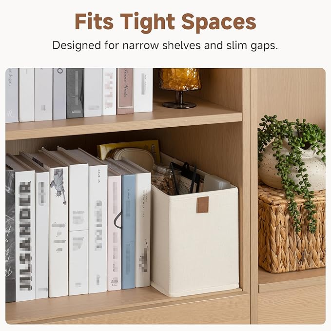 StorageWorks Fabric Storage Bins, Small Storage Bins with PU Handle, Decorative Narrow Baskets for Shelves, Ideal for Organizing Clothes, Toys, and Books, Beige, 4-Pack
