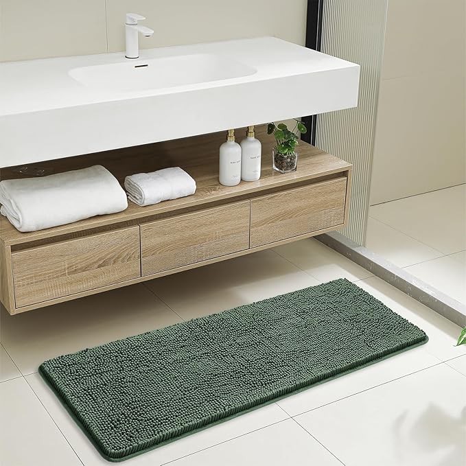 Hunter Green Bathroom Rugs 17"x47" - Plush Chenille Non-Slip Runner Bath Mat - Absorbent, Washable, Soft Decor for Shower, Sink, Tub, Kitchen, Home Accessories
