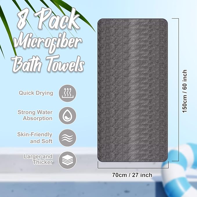 8 Pack Microfiber Bath Towels Bulk 27'' x 60'' Oversized Bath Towel Highly Absorbent Extra Large Shower Sheets Soft Drying for Beach Pool Bathroom Salon Party (Wheat,Dark Grey)