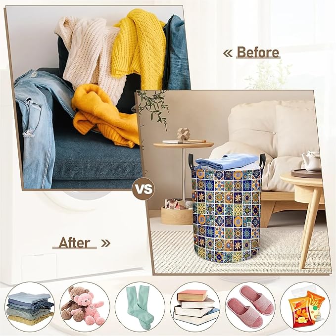 Talavera Mexican Tile Print Laundry Basket, Large Canvas Collapsible Organizer Storage Basket for Nursery,Office,Toy Organizer,Home,Decor - 19.7" X 15.7 "