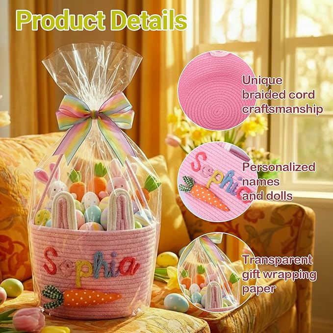 Personalized Easter Baskets for Girls, Boys Cute Bunny Custom Easter Basket with Embroidered Name for Egg Hunts Woven Cotton Rope Tote in 2 Sizes Easter Gifts for Kids