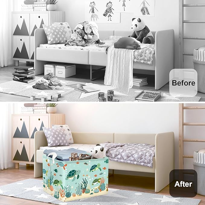 Sea Animals Laundry Hamper Ocean Fish Coral Large Storage Basket Parents Organizer Kids Clothes Toy Bins for Bedroom, Bathroom, Green Turtles, 36L