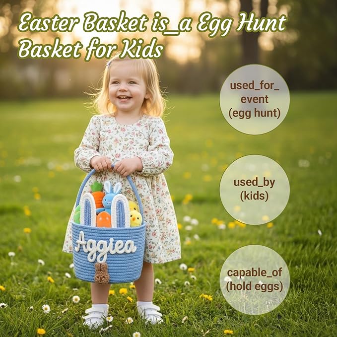 Personalized Easter Basket for Kids with Name - Custom Cute Embroidery Easter Bunny Rope Basket for Boys Girls, Easter Egg Hunt Basket (8 Colors+Rabbit Ear)