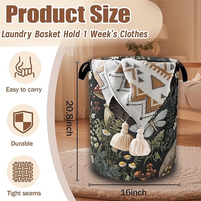 Wild Mushroom Forest Laundry Basket, Laundry Hamper Waterproof Oxford Cloth Tote Collapsible,Clothes Storage Bucket Decorative Toy Organizer For Bathroom Bedroom 16" x 20.8"