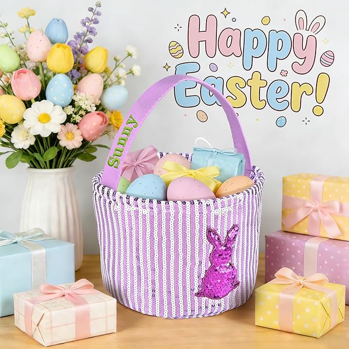 Personalized Easter Basket for Kids, Boys & Girls – Ideal for Egg Hunting & Easter Gift Storage (Purple Sequin Bunny Basket)