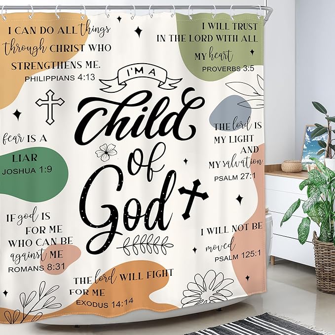 Homewelle Christian Bible Verse Shower Curtain Kids Teens Abstract Boho Mid Century Inspirational Quotes Minimalist Geometric Scripture 60Wx72H Inch Waterproof Polyester Fabric Bathroom Bathtub