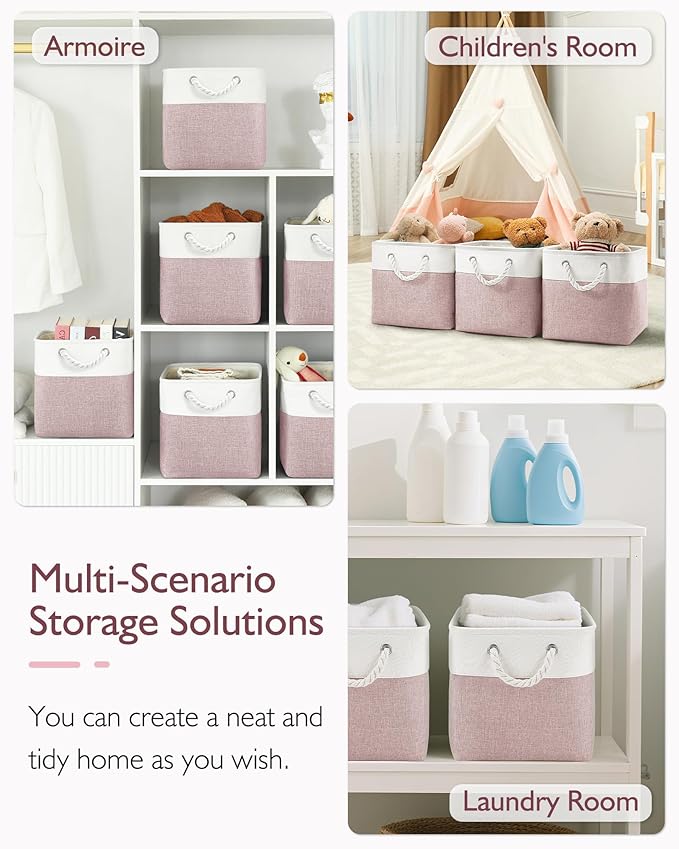 11 Inch Cube Storage Bins, 6 Pack Fabric Storage Cubes with Rope Handles, Organizer Baskets for Closet Shelves, Clothes and Home Organization(White/Pink)