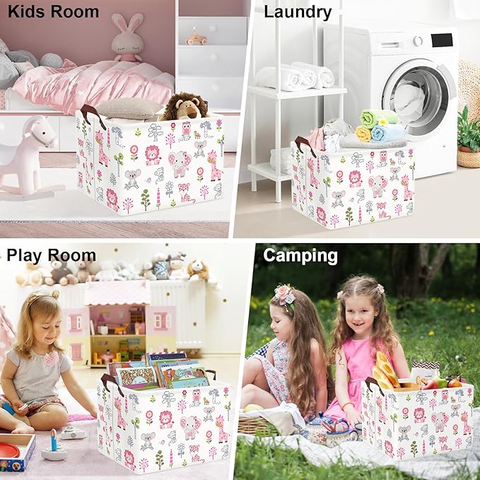 Clastyle Cute Forest Animal Laundry Basket Elephant Lion Kids Clothes Book Storage Basket Gift Toy Box for Bedroom Decor,Pink,40x30x30 cm
