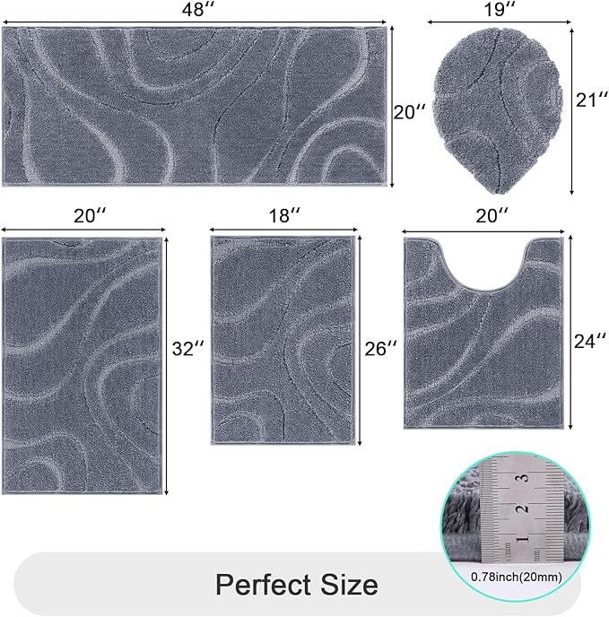 HEBE Bathroom Rugs Sets 5 Piece, Soft Absorbent Microfiber Bath Mat for Bathroom, Non Slip Washable Bath Rug Set with Toilet Cover, Bath Runner and U-Shaped Contour Toilet Rug, Dark Grey
