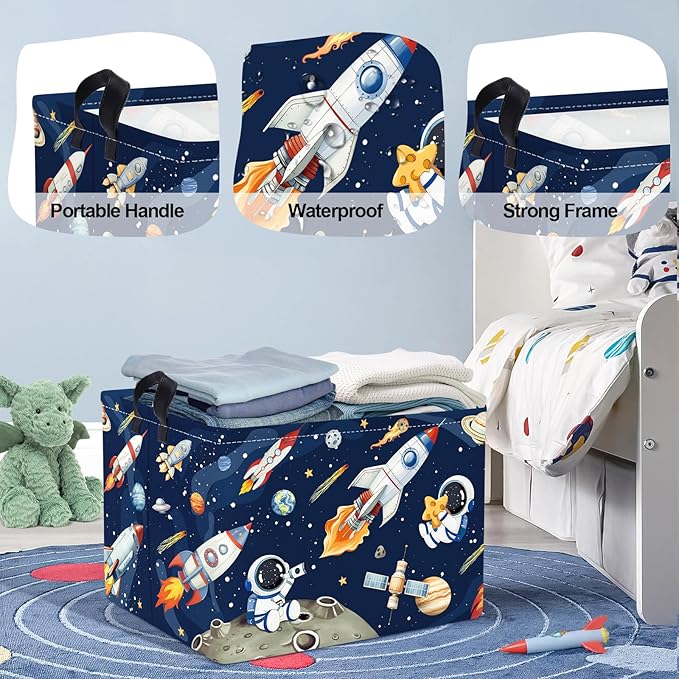 Space Rockets Laundry Hamper Cartoon Astronaut Large Storage Basket Planet Collapsible Parents Organizer Boys Clothes Toy Bins for Bedroom, Bathroom, Blue, 36L