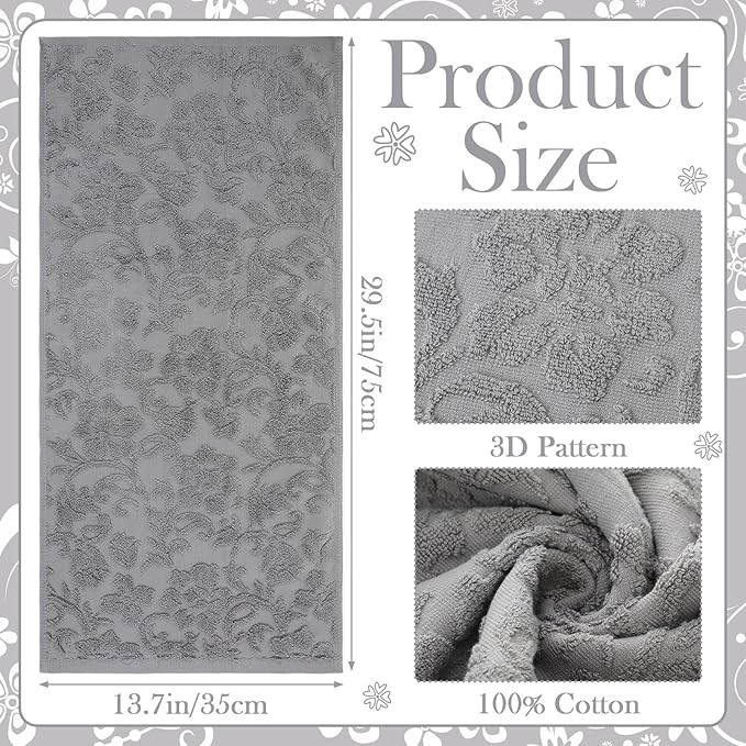 2 Pcs Quality Floral Jacquard Hand Towels Set for Bathroom Gray Hand Towels 100% Cotton Absorbent Decorative Weave Bath Decor Neutral Bathroom Decor Gift, 13.7 x 29.5 Inch