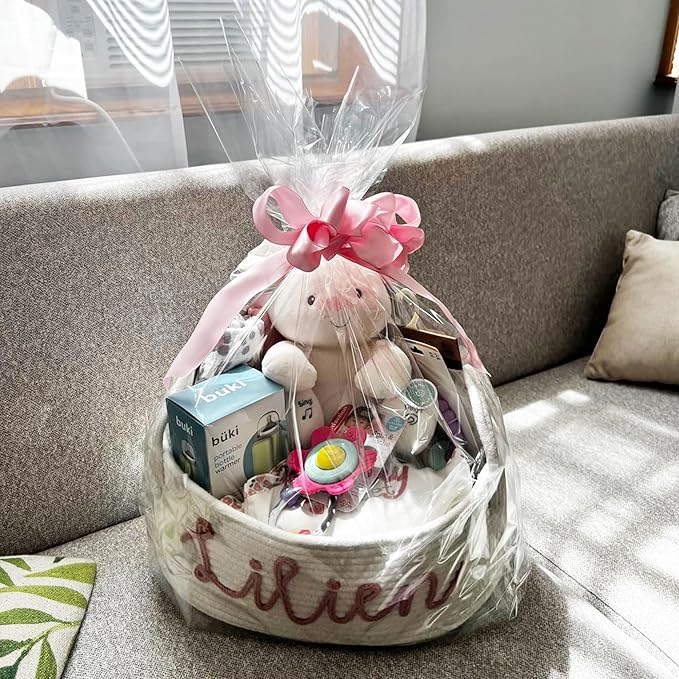 Personalized Baby Name Basket with Handles,Custom Diaper Caddy Cotton Rope Basket,Baby Stuff Organizer Storage Bin for Nursery Toy Room Bedroom Bathroom (L)