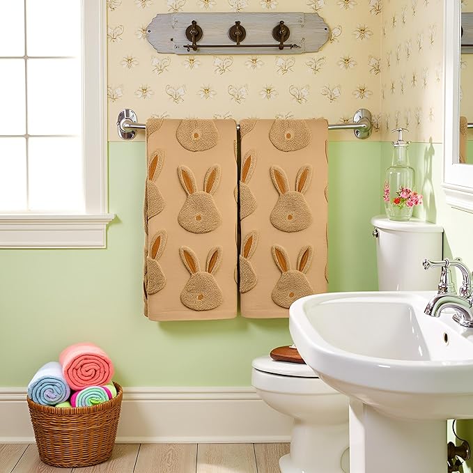 2pcs Easter Bunny Hand Towels Set 100% Cotton Soft Absorbent Spring Bathroom Hand Towels 14x29 Inch Cute Jacquard Easter Kitchen Decor Towels Holiday Kitchen Bathroom Decor Gift(Brown)