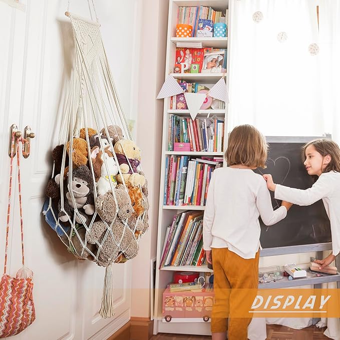 Stuffed Animal Net or Hammock Wall Hanging Net Over Door Organizer for Stuffies Plush Toy Storage Boho Macrame Toy Display Nursery Bedroom Decor Stuffy Animal Toy Organizer (Cream)