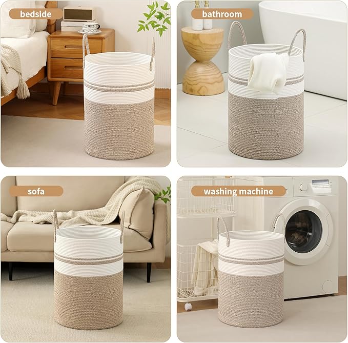 Woven Laundry Hamper Tall Rope Storage Basket for Blanket oys Dirty Clothes in Living Room Bathroom Bedroom (Brown&White, 80L/21.3Gal)