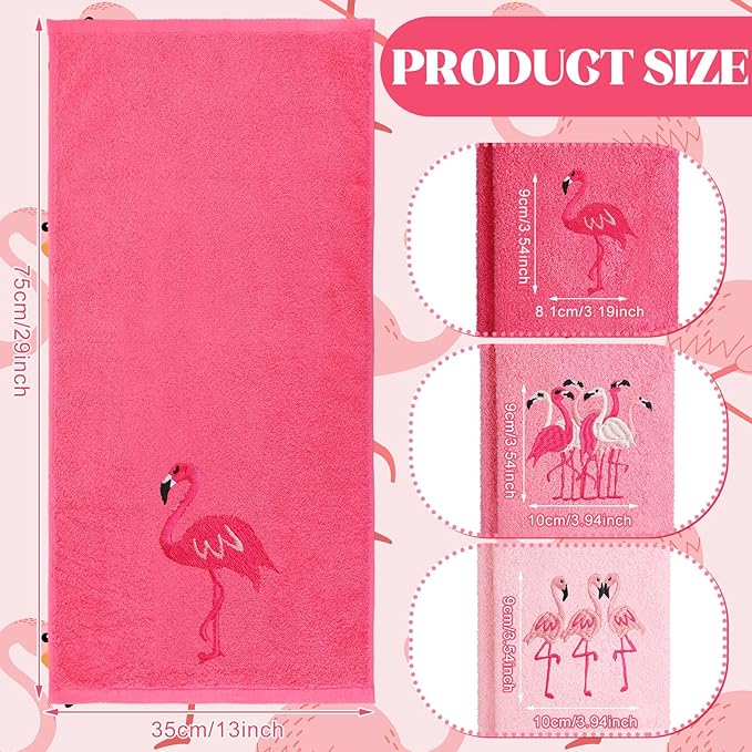 3 Pack Pink Flamingo Hand Towels for Bathroom 100% Cotton Embroidered Beach Bathroom Towels 13.78 x 29.53 Inch Soft Absorbent (Pink, Flamingo)