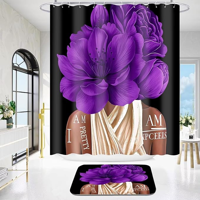 4 Pcs Purple Girl Shower Curtain Sets African American Woman Rose Floral Quotes Non-Slip Rugs Bath Mat Toilet Cover U Shaped Mat Shower Curtain with 12 Hooks Bathroom Set