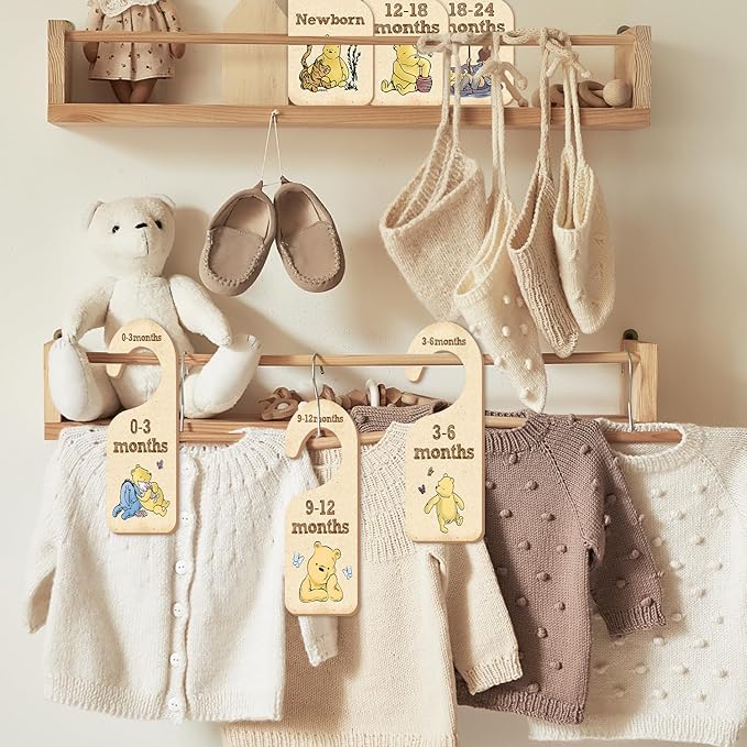 Winnie Nursery Decor Baby Closet Divider -8PCS Wooden Baby Closet Dividers for Baby Clothes Organizer,Baby Clothes Dividers for Closet,Daisy Design Nursery Decor Clothes Hanger Dividers
