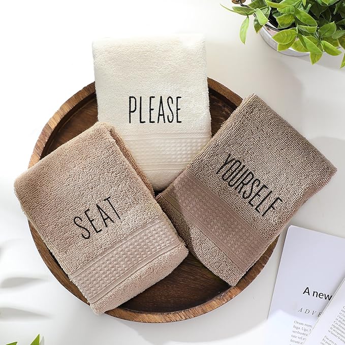 3 Pcs Decorative Hand Towels for Bathroom and Kitchen Rustic Embroidered 100% Cotton Brown Hand Towels Decorative Set for Boho Brown Bathroom Decor