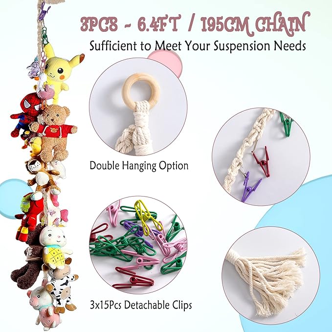 3 Pieces Stuffed Toy Chain Display Organizer Strong Toy Organizer Storage Chain Stuffed Animal Toy Holder Hanging with 45 Metal Clips 6 Ceiling Hook for Hanging Plush Toys Display