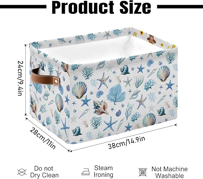 Sea Shells Starfish Rectangle Storage Basket - Ocean Themed Collection Collapsible Storage Baskets with Handles - Ocean Conch Pattern Storages Bin for Kids Clothes, Gifts, Books, Toys