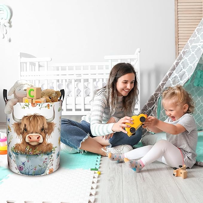 Laundry Basket, Dirty Clothes Basket, Foldable Waterproof Oxford Cloth Storage Basket for Bedroom, Bathroom, Clothes,Large Storage Basket Home Decoration(Cute Highland Cow Animal)