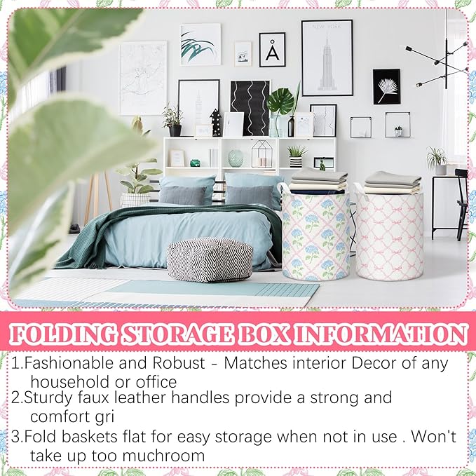 2 Pcs Laundry Basket Coquette Storage Basket for Girls Nursery Hamper with Handles Foldable Waterproof Collapsible Storage Bin Organizer for College Dorms Bathroom(Hydrangea)