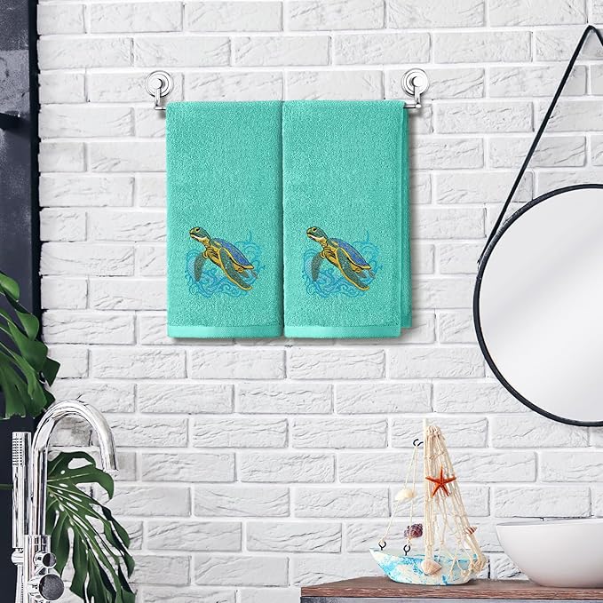 2 Pcs Sea Turtle Hand Towels Teal Bathroom Decor 14x29 Inch Embroidered 100% Cotton Soft Absorbent Spring Summer Decorative Hand Towels for Bathroom Kitchen