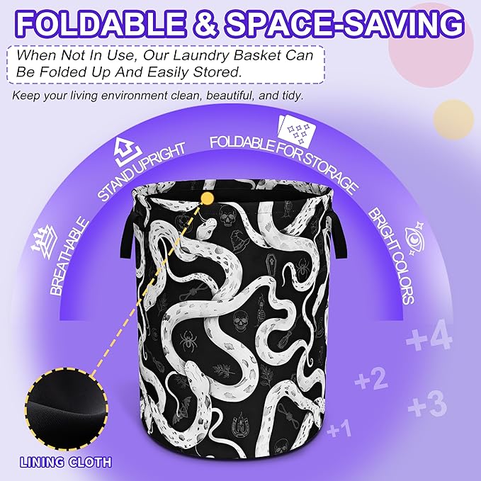 Snake Crawling Laundry Basket Black White Snakes Oxford Cloth Laundry Hamper Funny With Handle Foldable Portable Clothes Storage Basket 18.9 X 16.5 Inch Storage Bag For Laundry Room/Bathroom/Bedroom