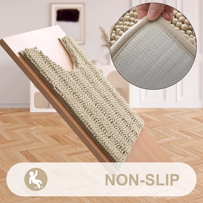 Grandaily Chenille Striped Toilet Rugs U-Shaped 24x20, Extra Soft and Absorbent Bathroom Rugs, Non-Slip Plush Shaggy Bath Rug, Machine Washable Contour Bath Mats for Toilet Base, Beige