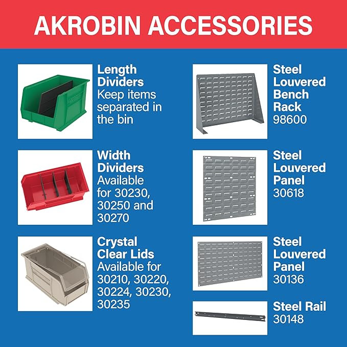 Akro-Mils 30235 AkroBins Plastic Storage Bins, Space-Saving Stackable Bins for Garage, Pantry, Craft Organization, 11" x 11" x 5", Stone, 6-Pack