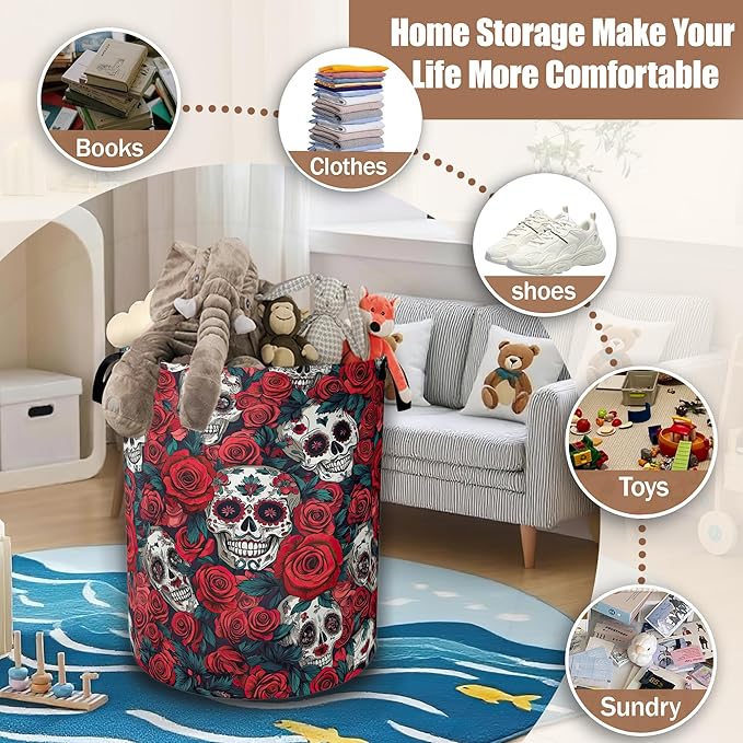 Skull Red Rose Laundry Hamper,Flowers Skeleton Laundry Baskets,Waterproof Oxford Cloth Toy Storage for Bedroom,Bathroom,Nursery,16x20.8 Inch